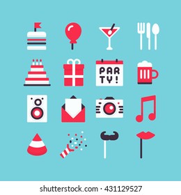 Flat icons for party. Food, drink, cake, music and other symbols