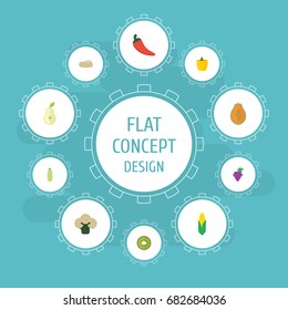Flat Icons Pawpaw, Maize, Cluster And Other Vector Elements. Set Of Fruit Flat Icons Symbols Also Includes Pawpaw, Bell, Merlot Objects.