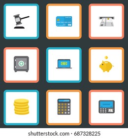 Flat Icons Payment, Money Box, Verdict And Other Vector Elements. Set Of Finance Flat Icons Symbols Also Includes Credit, Strongbox, Coins Objects.