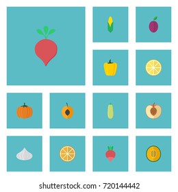 Flat Icons Peach, Gourd, Bulgarian Bell And Other Vector Elements. Set Of Fruit Flat Icons Symbols Also Includes Corn, Squash, Beet Objects.
