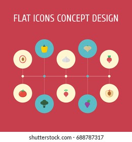 Flat Icons Peach, Love Apple, Garlic And Other Vector Elements. Set Of  Flat Icons Symbols Also Includes Cauliflower, Cluster, Apple Objects.