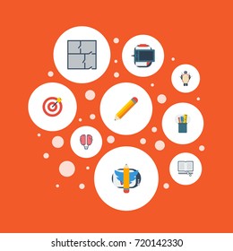 Flat Icons Pen, Arrow, Case And Other Vector Elements. Set Of Creative Flat Icons Symbols Also Includes Arrow, Goal, Target Objects.