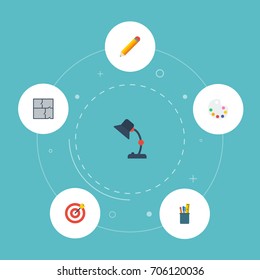 Flat Icons Pen, Artist, Illuminator And Other Vector Elements. Set Of Original Flat Icons Symbols Also Includes Plan, Property, Palette Objects.