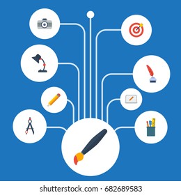 Flat Icons Pen, Compass, Pencil And Other Vector Elements. Set Of Constructive Flat Icons Symbols Also Includes Case, Arrow, Photo Objects.