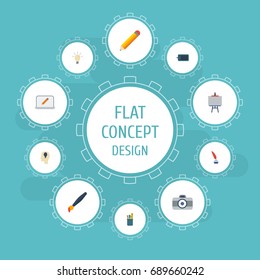 Flat Icons Pen, Gadget, Idea And Other Vector Elements. Set Of Creative Flat Icons Symbols Also Includes Concept, Case, Drawing Objects.