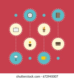 Flat Icons Pen Holder, Board Stand, Tea Vector Elements. Set Of Office Flat Icons Symbols Also Includes Ruler, Whiteboard, Board Objects.