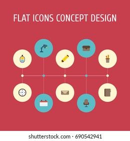 Flat Icons Pen Holder, Contact, Desk Light And Other Vector Elements. Set Of Bureau Flat Icons Symbols Also Includes Ruler, Briefcase, Stand Objects.