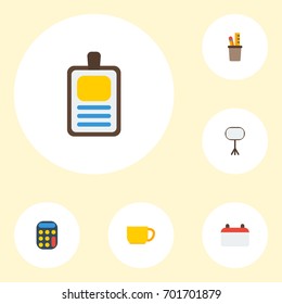 Flat Icons Pen Holder, Date, Identification And Other Vector Elements. Set Of Bureau Flat Icons Symbols Also Includes Cup, Badge, Date Objects.