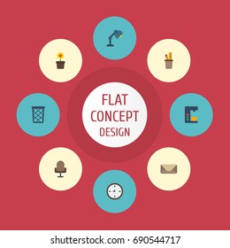 Flat Icons Pen Holder, Watch, Espresso Machine And Other Vector Elements. Set Of Bureau Flat Icons Symbols Also Includes Envelope, Mail, Chair Objects.