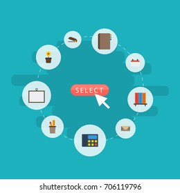 Flat Icons Pen Holder, Whiteboard, Bookshop And Other Vector Elements. Set Of Workspace Flat Icons Symbols Also Includes Clip, Telephone, Date Objects.
