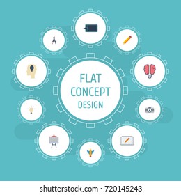 Flat Icons Pen, Wings, Concept And Other Vector Elements. Set Of Original Flat Icons Symbols Also Includes Stand, Idea, Wings Objects.