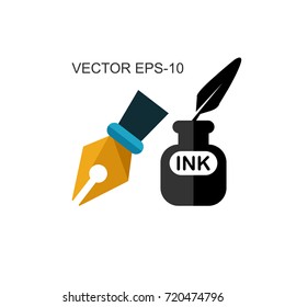 flat icons for Pen,bird feather,bottle of ink,vector illustrations