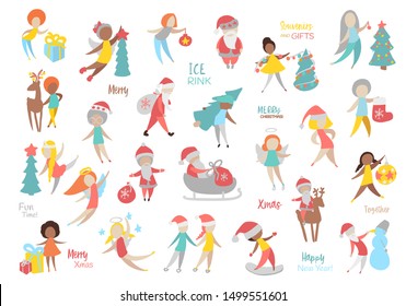 Flat Icons of people with different characters. Merry christmas or happy new year.