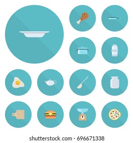 Flat Icons Pepperoni, Omelette, Dish And Other Vector Elements. Set Of Gastronomy Flat Icons Symbols Also Includes Soup, Dish, Pepperoni Objects.