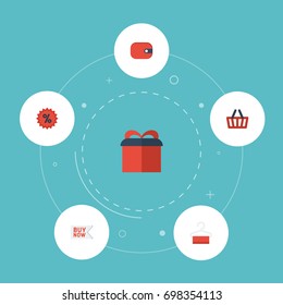 Flat Icons Percentage, Buy Now, Present And Other Vector Elements. Set Of Shopping Flat Icons Symbols Also Includes Shopping, Buy, Badge Objects.