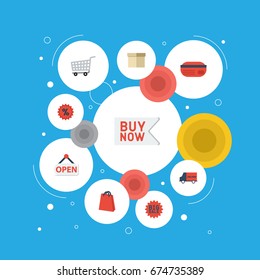 Flat Icons Percentage, Sign, Buy Now And Other Vector Elements. Set Of Store Flat Icons Symbols Also Includes Parcel, Sale, Percentage Objects.