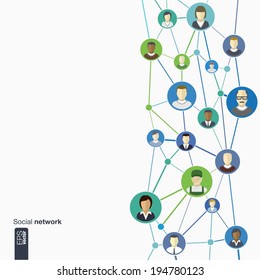 Flat icons of persons in colored circles for graphic design (vector illustration). Human avatars connected as network for web, social, management, business, internet, computer, mobile, infographics