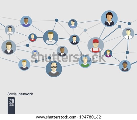 Flat icons of persons for graphic design (vector illustration). Human avatars connected as network in circles for web, social, management, business, internet, computer, mobile apps, infographics
