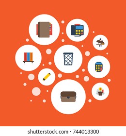 Flat Icons Phone, Highlighter, Trash Basket And Other Vector Elements. Set Of Bureau Flat Icons Symbols Also Includes Highlighter, Flowerpot, Phone Objects.