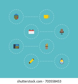 Flat Icons Phone, Tea, Armchair And Other Vector Elements. Set Of Bureau Flat Icons Symbols Also Includes Cup, Draw, Date Objects.