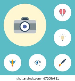 Flat Icons Photo, Wings, Concept And Other Vector Elements. Set Of Original Flat Icons Symbols Also Includes Concept, Idea, Look Objects.