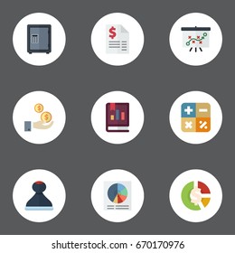 Flat Icons Pie Bar, Book, Algebra And Other Vector Elements. Set Of Registration Flat Icons Symbols Also Includes Mark, Safe, Asset Objects.