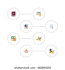 Flat Icons Pie Bar, Book, Coins Pile And Other Vector Elements. Set Of Registration Symbols Also Includes Math, Accumulation, Money Objects.