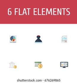 Flat Icons Pie Bar, Paper, Bank And Other Vector Elements. Set Of Accounting Flat Icons Symbols Also Includes Sheet, Model, Dollar Objects.