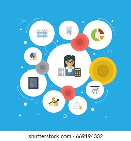 Flat Icons Pie Bar, Sheet, Net Income And Other Vector Elements. Set Of Registration Flat Icons Symbols Also Includes Rule, Deposit, Dollar Objects.