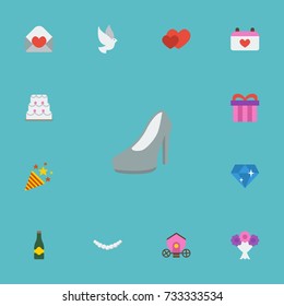 Flat Icons Pigeon, Card, Chariot And Other Vector Elements. Set Of Engagement Flat Icons Symbols Also Includes Brougham, Calendar, Champagne Objects.