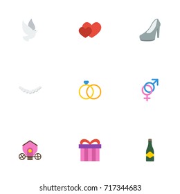 Flat Icons Pigeon, Present, Chariot And Other Vector Elements. Set Of Engagement Flat Icons Symbols Also Includes Pearl, Engagement, Sign Objects.