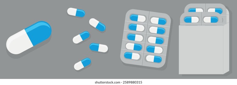 Flat icons of pills isolated on background. Package. Plate. Vector illustration, on a gray background, blue