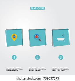 Flat Icons Pin, Magnifier, Bathroom And Other Vector Elements. Set Of Immovable Flat Icons Symbols Also Includes Search, Pin, Location Objects.