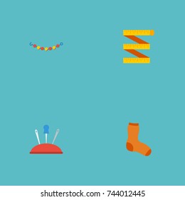 Flat Icons Pincushion, Meter, Knitted Socks And Other Vector Elements. Set Of Handmade Flat Icons Symbols Also Includes Jewelry, Pincushion, Socks Objects.