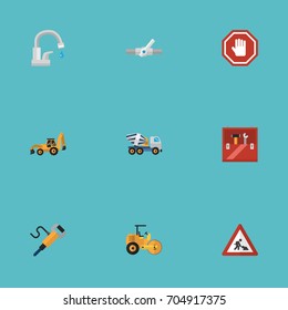 Flat Icons Pipeline Valve, Cement Blender, Toolkit And Other Vector Elements. Set Of Industry Flat Icons Symbols Also Includes Roller, Concrete, Caution Objects.