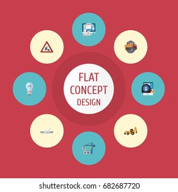 Flat Icons Pipeline Valve, Excavator, Roll Meter And Other Vector Elements. Set Of Construction Flat Icons Symbols Also Includes Plumbing, Tower, Caution Objects.