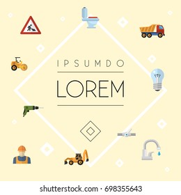 Flat Icons Pipeline Valve, Restroom, Excavator And Other Vector Elements. Set Of Construction Flat Icons Symbols Also Includes Restroom, Truck, Screwdriver Objects.