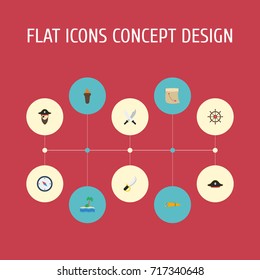 Flat Icons Pirate Hat, Sword, Treasure Map And Other Vector Elements. Set Of Piracy Flat Icons Symbols Also Includes Steering, Hat, Palm Objects.