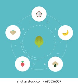 Flat Icons Pitaya, Herbaceous Plant, Broccoli And Other Vector Elements. Set Of Berry Flat Icons Symbols Also Includes Cauliflower, Cabbage, Artichoke Objects.