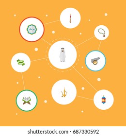 Flat Icons Pitcher, Artillery, Bead And Other Vector Elements. Set Of Religion Flat Icons Symbols Also Includes Rosary, Male, Holy Objects.