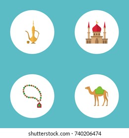 Flat Icons Pitcher, Bead, Minaret And Other Vector Elements. Set Of Holiday Flat Icons Symbols Also Includes Jug, Dromedary, Hump Objects.