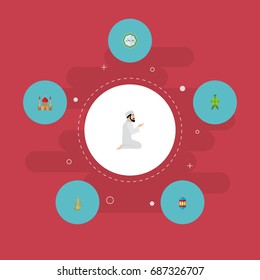 Flat Icons Pitcher, Islamic Lamp, Decorative And Other Vector Elements. Set Of Religion Flat Icons Symbols Also Includes Lantern, Oriental, Islamic Objects.