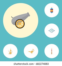 Flat Icons Pitcher, Mosque, Genie And Other Vector Elements. Set Of Holiday Flat Icons Symbols Also Includes Mosque, Oriental, Mubarak Objects.