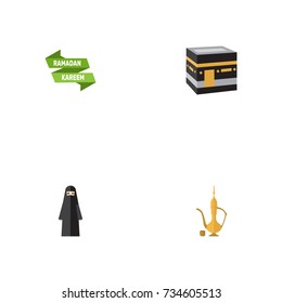 Flat Icons Pitcher, Ramadan Kareem, Muslim Woman And Other Vector Elements. Set Of Holiday Flat Icons Symbols Also Includes Ramadan, Mekkah, Kareem Objects.