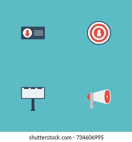 Flat Icons Placard, Audience, Id And Other Vector Elements. Set Of Advertising Flat Icons Symbols Also Includes Id, Target, Placard Objects.
