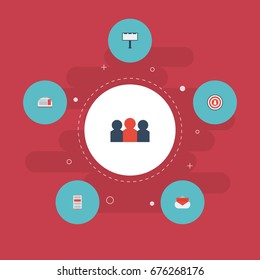 Flat Icons Placard, Audience, Message And Other Vector Elements. Set Of Marketing Flat Icons Symbols Also Includes Dartboard, People, Audience Objects.