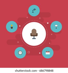 Flat Icons Plant Pot, Board Stand, Armchair Vector Elements. Set Of Office Flat Icons Symbols Also Includes Calendar, Stand, Plant Objects.
