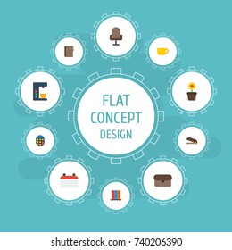 Flat Icons Plant Pot, Bookshop, Calculate And Other Vector Elements. Set Of Bureau Flat Icons Symbols Also Includes Briefcase, Machine, Clip Objects.