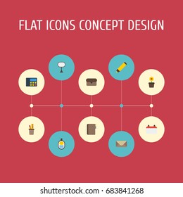 Flat Icons Plant Pot, Contact, Pen Holder And Other Vector Elements. Set Of Workspace Flat Icons Symbols Also Includes Board, Day, Identification Objects.
