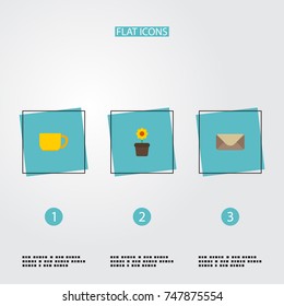 Flat Icons Plant Pot, Tea, Letter And Other Vector Elements. Set Of Workspace Flat Icons Symbols Also Includes Plant, Cup, Letter Objects.